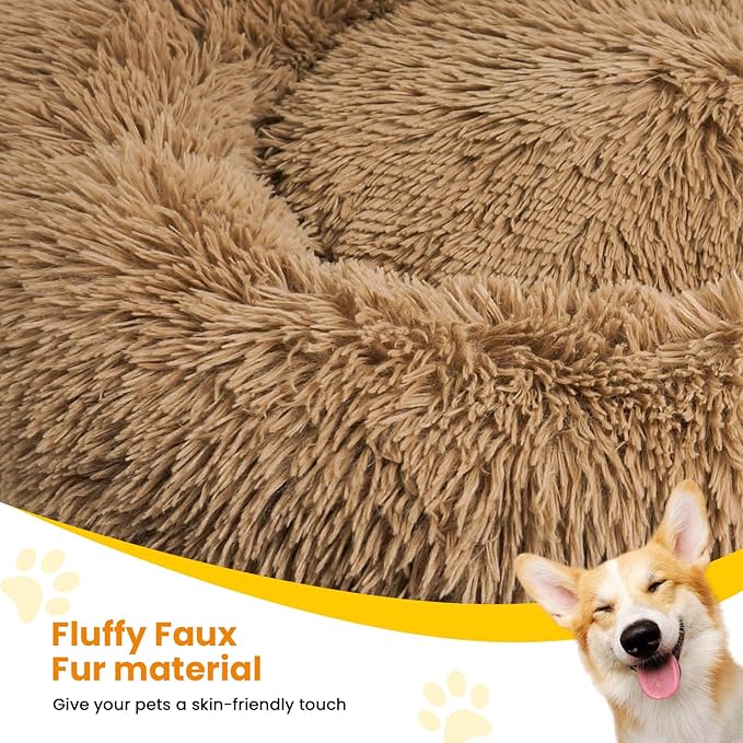 Calming Dog Beds for Large Dogs, Faux Fur Donut Cuddler Dog Bed, Round Fluffy Pillow, Washable Pet Bed for Dogs Up to 80Lbs, 36inch