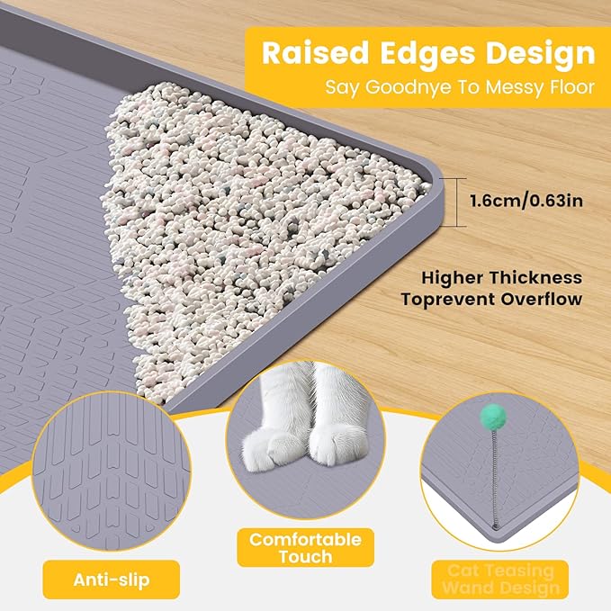 Cat Litter Mat, 38"X25" Large Litter Box Mat, Waterproof and Easy to Clean Silicone Cat Mat for Litter Box, Mat Litter Trapping Mat for Scatter Control, Keep the Floor Clean (Gray)