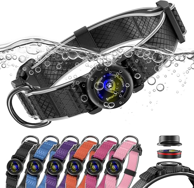 AirTag Dog Collar with QR Code ID & Waterproof Holder - Reflective, Durable Padded Oxford Collar Compatible with Apple AirTags for Small Puppy Dogs (Black, S)