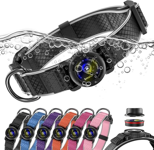 AirTag Dog Collar with QR Code ID & Waterproof Holder - Reflective, Durable Padded Oxford Collar Compatible with Apple AirTags for Small Puppy Dogs (Black, S)