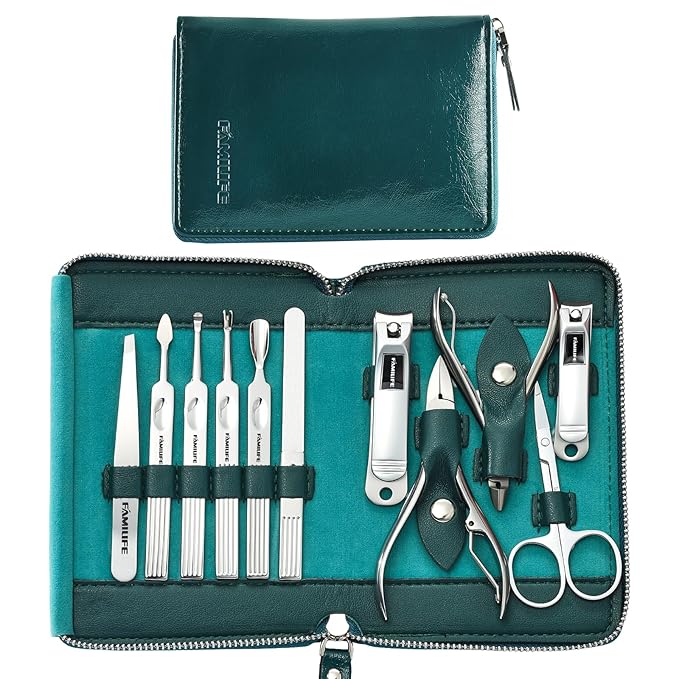 FAMILIFE Nail Kit, Professional Manicure Set Manicure Kit, 11 in 1 Stainless Steel Nail Clippers Set Pedicure Tools, Men Grooming Tool with Portable Blue Leather Travel Case Luxury Gifts for Him