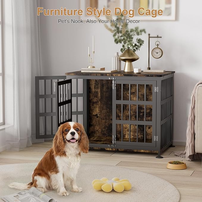 33" Dog Crate Furniture for Medium & Small Dogs with Wheels, Heavy Duty Dog Cage, Indoor Puppy Crate, Wooden Dog Kennel Table, 32.7" L x 22.8" W x 25.2" H, Decorate House as End Table — Rustic Brown