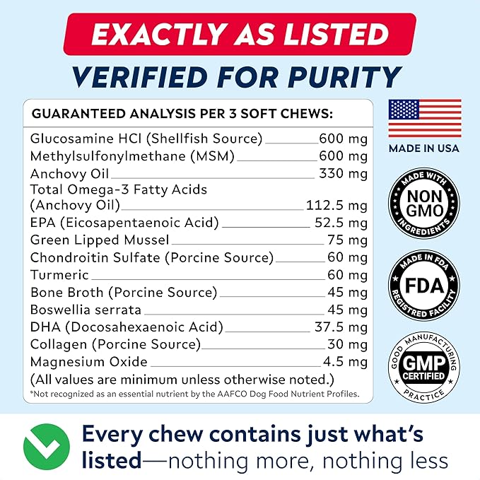 Senior Advanced Glucosamine Joint Supplement for Dogs - Green Lipped Mussel & Collagen - Large Breeds - Hip & Joint Health - Bacon Flavor - 120 Chews
