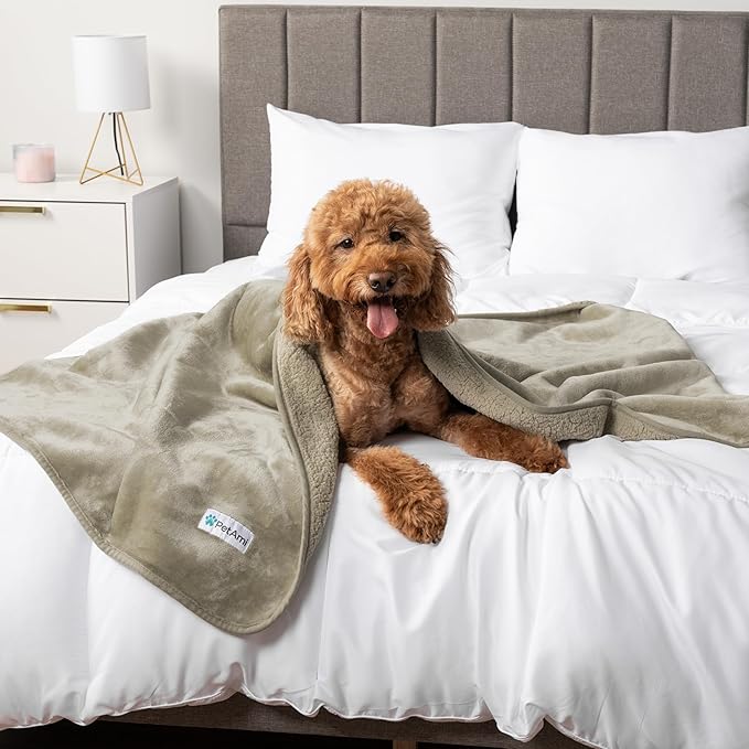 PetAmi Waterproof Dog Blanket for Small Medium Dogs, Pee Proof Pet Blanket for Couch Bed, Reversible Water Proof Blanket for Puppy Indoor Cat, Soft Dog Fleece Blankets Washable, 24x32 Taupe