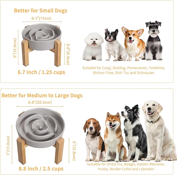 Elevated Slow Feeder Dog Bowl - Puzzle Maze Dish with Bamboo Stand - Raised Ceramic Food Bowl for Medium and Large Dogs - Grey - 8.8 inch