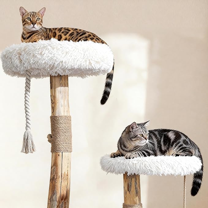 Modern Cat Tree Tower for Indoor Cats, 33" Luxury Cats Trees Natural Solid Wooden with Sisal Scratching Post, Log Style Cat Furniture with Perches Platform & Toy Ball，Primary Colors