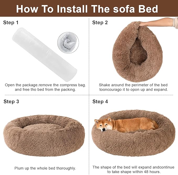 Dog Calming Beds for Small Medium Large Dogs - Round Donut Washable Puppy Dog Bed, Anti-Slip Faux Fur Fluffy Donut Cuddle Anxiety Cat Pet Bed(16'' Khaki