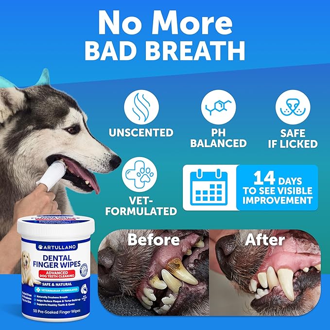 Dog Teeth Cleaning Wipes - 50 Dog Dental Care Finger Wipes - Finger Toothbrush for Removing Plaque, Tartar Buildup, Bad Breath - Oral Freshness, Healthy Teeth & Gum Support with Coconut Oil, Unscented