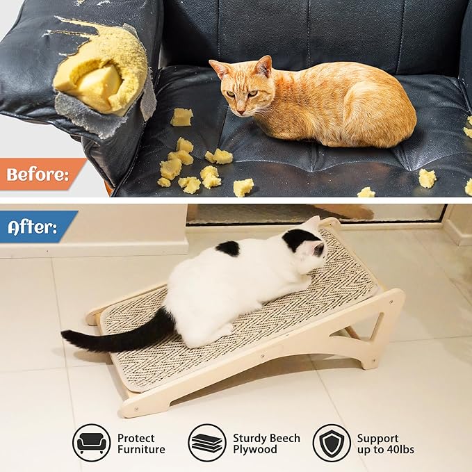 PETKARAY Cat Scratcher, Sisal Scratching Ramp, L Shape Scratch Pad for Indoor Cats, 27" Wall Furniture Protector with Mouse Toy