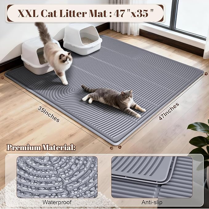Rubber XXL Cat Litter Mat, 47" x 35" Waterproof Urine Proof Cat Litter Trapping Mat, Easy Clean Litter Box Mat and Anti-Slip Kitty Litter Catcher Mat, Grey