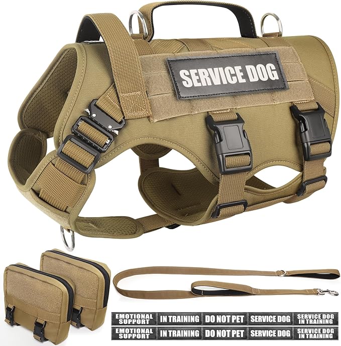 WINSEE Tactical Dog Harness with Dog Leash, Service Working MOLLE Vest with 10 Pet Patches for Medium Dog, No Pull Military Harness and Backpack for Training Hunting Walking