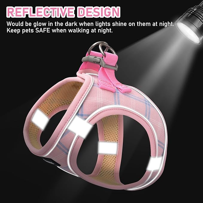 GAMUDA Small Dog Harness Collar and Leash Set, Step in No Chock No Pull Soft Mesh Adjustable Dog Vest Harnesses Plaid Reflective for Dogs Puppy Cats Kitten Rabbit (Pink, XXS)