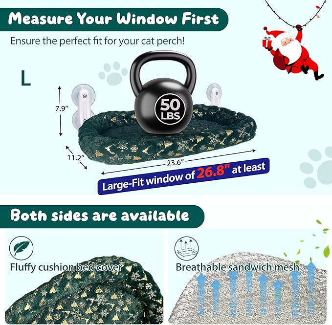 L&W BROS. 2-Pack Foldable Cat Window Perches with Christmas Cushion Bed – Easy to Assemble Cats Hammock for Window, Warm Indoor Cat Beds for Large Cats, Edition(L 2Pc)