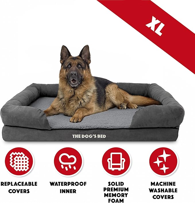 The Dog’s Bed, XL Grey Plush, Solid Memory Foam, Pain Relief: Arthritis, Hip & Elbow Dysplasia, Post Surgery, Lameness, Supportive, Calming, Waterproof Washable Cover, Veterinary Approved