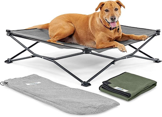 Coolaroo On-The-Go Elevated Dog Bed Kit – Portable & Cooling Travel Cot with HeatShield Fabric for Large Dogs, Lightweight & Compact, Includes Matching Carry Bag & Everglade Green Bonus Cover, Large