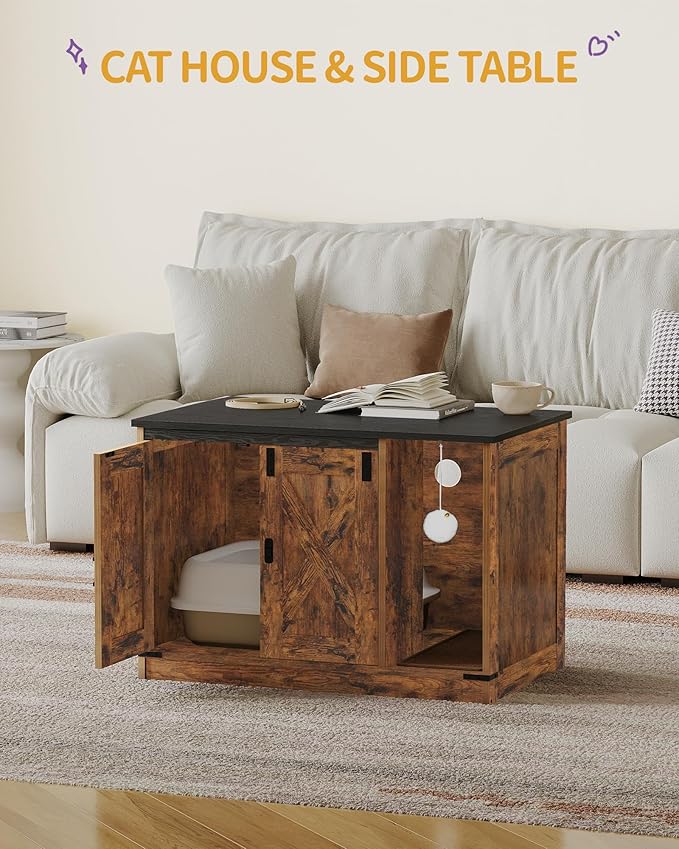 Cat Litter Box Enclosure, Hidden Litter Box Cabinet Furniture with Bell, Indoor Cats House, Farmhouse Style, 31.5 x 19.7 x 20.9Inches, for Hallway, Bedroom, Rustic Brown and Black CB82401X