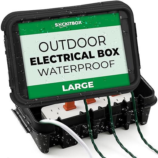 SockitBox – The Original Weatherproof Connection Box – Indoor & Outdoor Electrical Power Cord Enclosure for Timers, Extension Cables, Reels, Transformers, Power Strips, Lights & Tools – Large – Black
