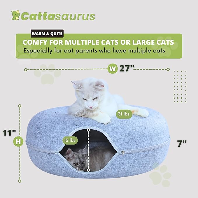 Cattasaurus Peekaboo Cat Cave Donut for Multiple & Large Cats up to 30-45 lbs, 3-in-1 Self Warming Cat Bed, Tunnel & Scratcher for Indoor Cats, Washable & Detachable Small Dog Bed (Light Gray, Jumbo)