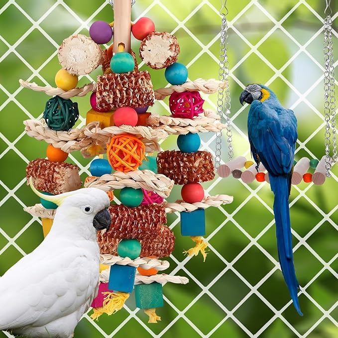2 pcs Parrot Toys, Natural Corn Cob Bird Chewing Toys and Bird Swing Toy, Bird Cage Accessories for Cockatiels, African Grey Parrots, Macaws, Sun Conure to Exercise Beak Strength