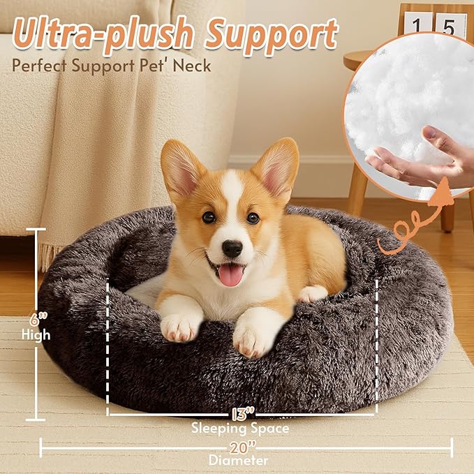 JOLLYVOGUE Calming Small Dog & Cat Bed for Indoor Cats - 20 inches Washable Donut Bed for Kittens & Puppies, Anti-Anxiety Round Fluffy Plush Pet Beds (Fits up to 15 lbs)