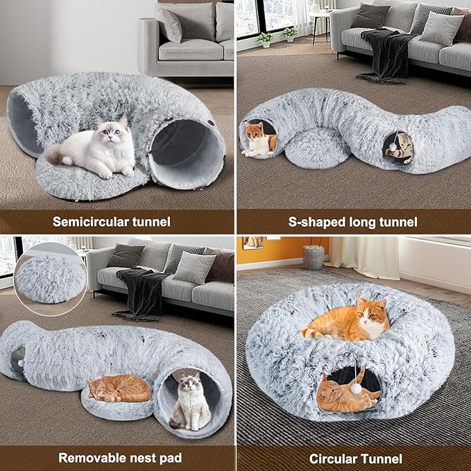 Cat Tunnels for Indoor Cats, Under Christmas Tree Grey Cat Tunnel Donut with Washable Circle Cushion for Cats, Pet Peekbaboo Cave Cat Tunnel Bed for Kitten