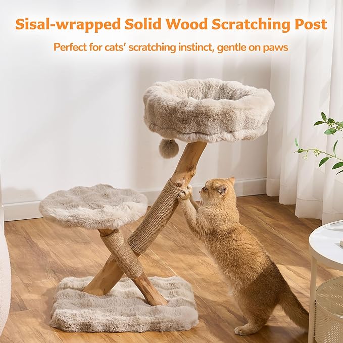 Cat Tree Modern Sturdy Solid Wood Cat Tower for Large Cat with Scratching Post for Indoor, Multifunctional Cat Tower with Cozy Bed and Platforms