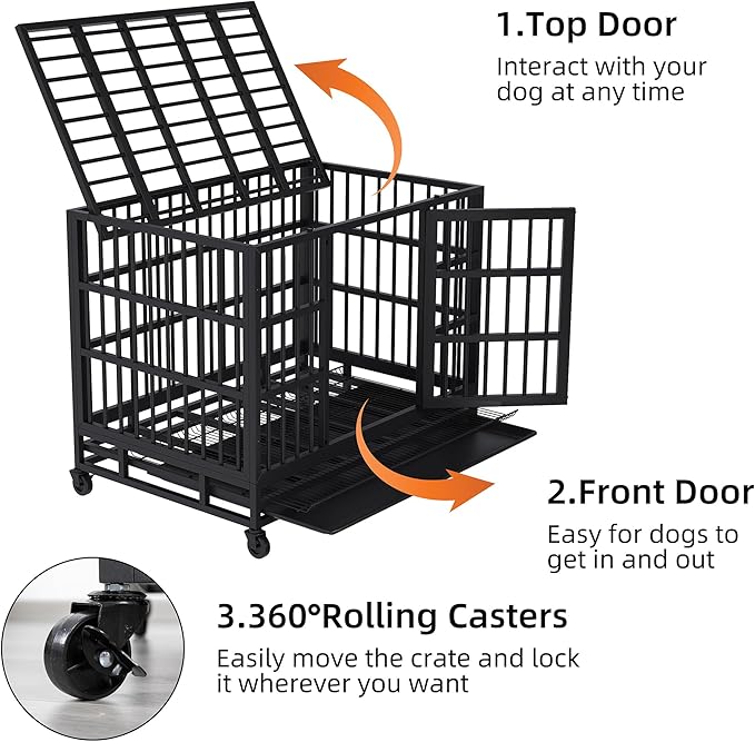 Shintenchi 38 inch Heavy Duty Crates for Large Dog, Indestructible and Escape-Proof Cage Kennel with Lockable Wheels, Double Door High Anxiety with Removable Tray, Black