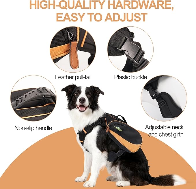 Dog Backpack Suitable for Medium to Large Dogs, Adjustable Lightweight Pet Harness, Built-in Poop Bag Dispenser, Waterproof and Safe, Suitable for Hiking, Puppy Training, Or Daily Walks, L