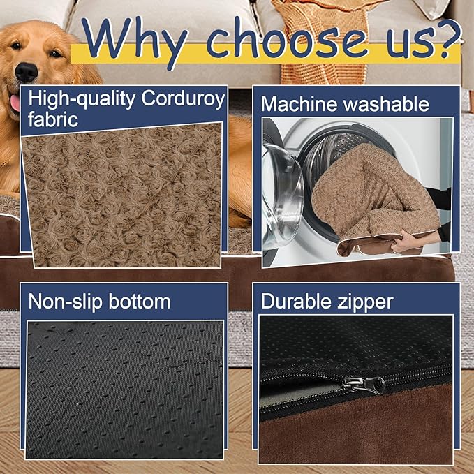 Orthopedic Dog Bed for Large Medium Sized, Washable Memory Foam Large Dog Bed, Durable Medium Pet Sofa with Removable Cover, Washable Waterproof Pet Couch Beds(Brown, XL)