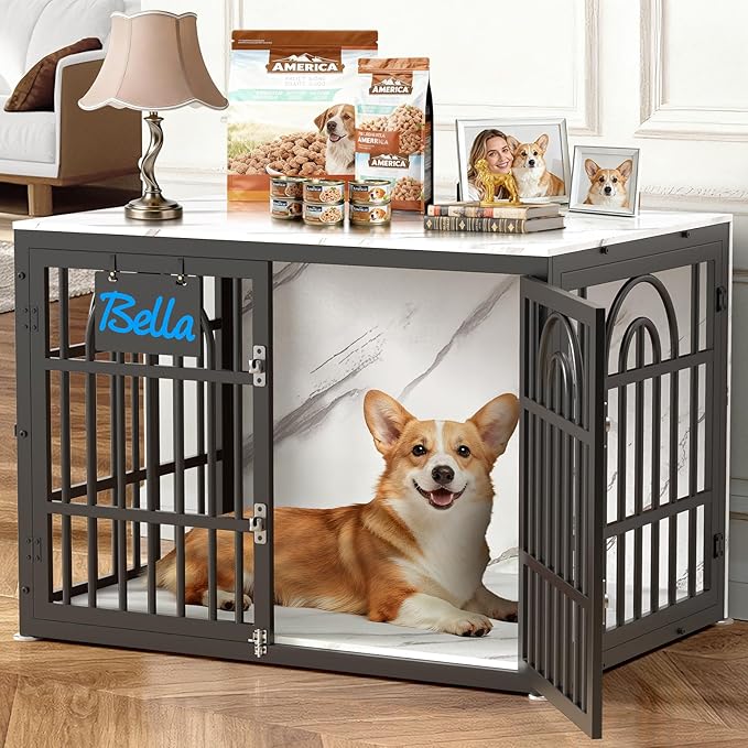 38" Dog Crate Furniture, Heavy Duty Dog Crates, Dog Kennel Furniture Indoor for Medium Dog as TV Stand, Wooden Cage End Table for Indoor Decoration, Name Tag Escape-Proof Locks & Double Door