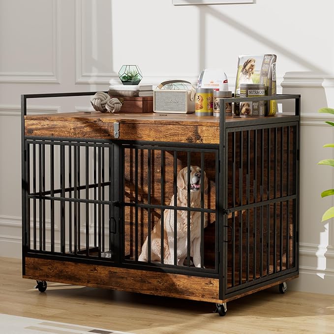 45 Inch Dog Crate Furniture for Large Dog with 2 Stainless Steel Bowls, XL Heavy Duty Dog Kennel Indoor, Large Wooden Dog Crate Table for Decorate House As TV Stand, End Table