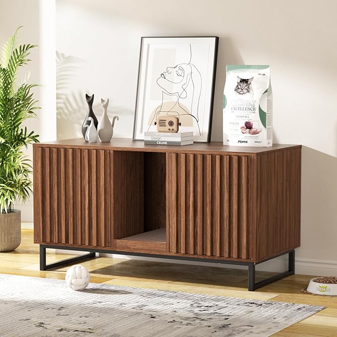 Double Litter Box Enclosure,Modern Cat Litter Box Enclosure for 2 Cats, Hidden Litter Box with Cat Scratch Pad, Cat Washroom Cat House End Table, Entryway Bench for Livingroom (Brown)