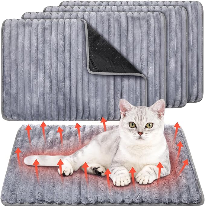 Nuanchu 4 Pack Self Warming Cat Bed 24"x18" Self Heating Dog Cat Pad Bulk Crate Mat Extra Warm Thermal Big Pet Pad for Indoor Outdoor Pets Houses with Removable Washable Cover Non Slip(Grey)