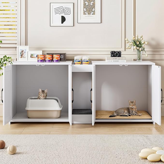 55" Cat Litter Box Enclosure, Double Litter Box Cabinet with Cat Bed, PVC Pad and Scratch Pad, Hidden Litter Box Furniture for 2 Cats with Storage and 2 Entrances, White