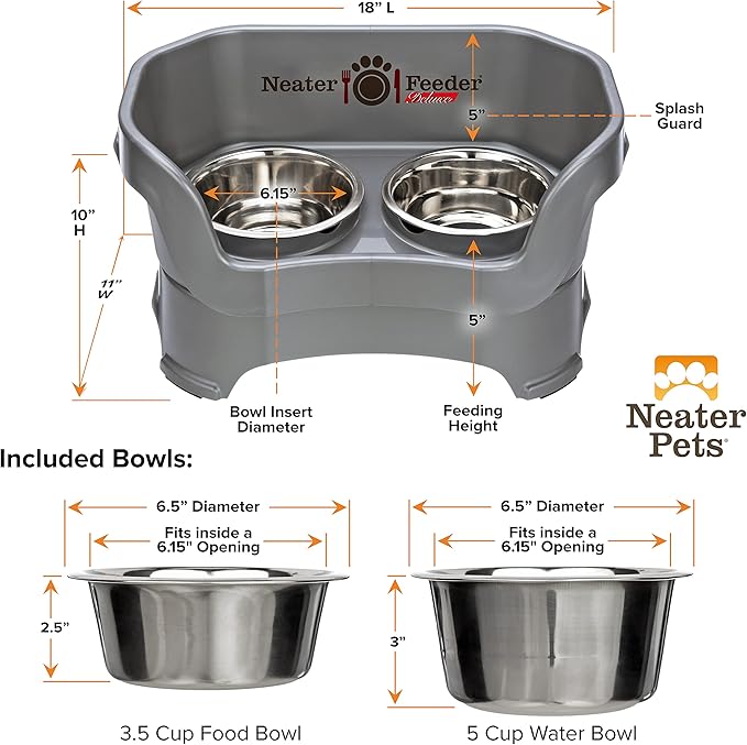 Neater Pet Brands Neater Feeder Deluxe Mess Proof Dog Bowls Elevated for Medium Dogs 19-40 lbs, Made in USA, No Spill Raised Dog Food Bowl Stand Feeding Station, Food and Water Bowl Set, Grey