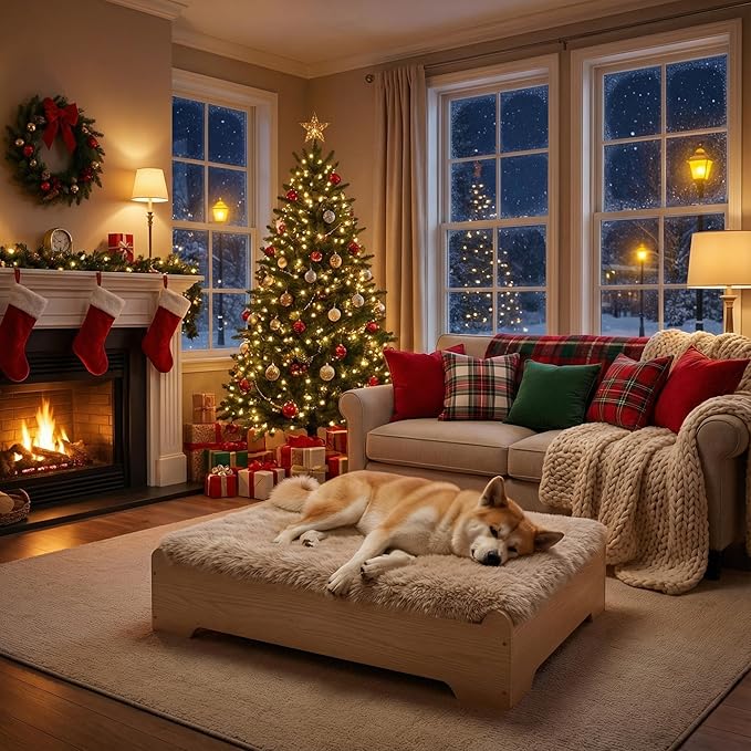 GLOSSGODS Elevated Dog Bed and Mattress with Removable Washable Cover, Egg Crate Foam, Wooden Frame, Suitable for Pet Up to 90 lbs, Naturalwood XL