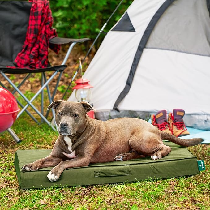 FurHaven Cooling Dog Bed – Large Foam Mattress for Joint Pain Relief, Waterproof Liner, Removable Washable Cover, Durable for Outdoor Use, Deluxe Grid Indoor/Outdoor Bed – Green, Large