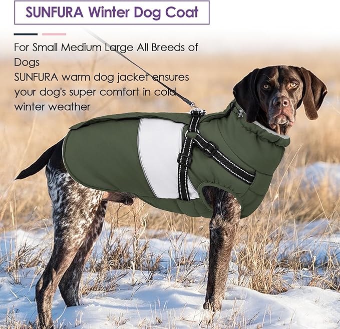 SUNFURA Dog Jacket, Large Dog Coat with Harness Built in, Warm Pet Winter Jacket Zippered Snow Coat with Furry Collar, Waterproof Fleece Snowsuit for French Bulldog, Army Green L