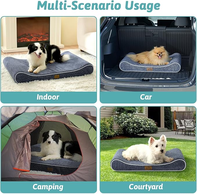 Orthopedic Dog Bed for Large Dogs up to 90 lbs - Removable Washable Cover with Waterproof Lining & Non-Skid Bottom, Cotton-Polyester Blend Boat-Shaped Lounger Mattress, L(45x30x6in), Blue