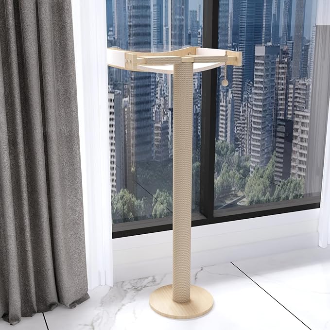 Cat Window Perch with Scratching Post Strong Supported - Large Hammock Bed for Cats Inside - Solid Wood Seat, Soft Cushion - Rustic Indoor Cat Tree Shelf for Sunbathing (Natural, Large 1)