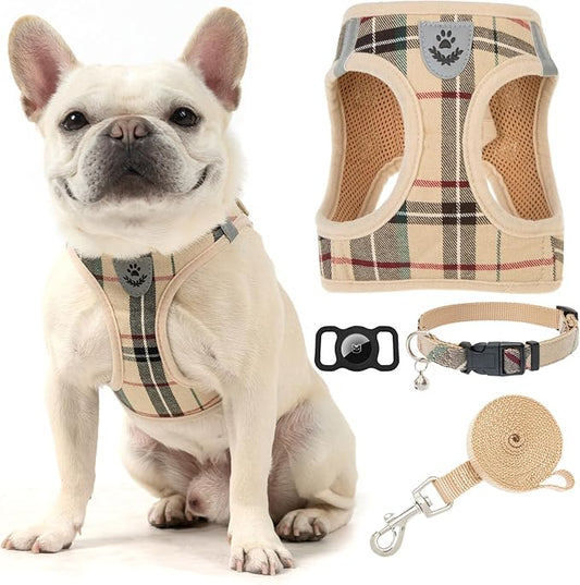 EXPAWLORER Plaid Small Dog Harness and Leash Set with AirTag Holder - Soft Padded Step in Dog Vest Harness Medium Sized Dog, No Pull Reflective Puppy Harness, Collar and Leash for Walking, Khaki S