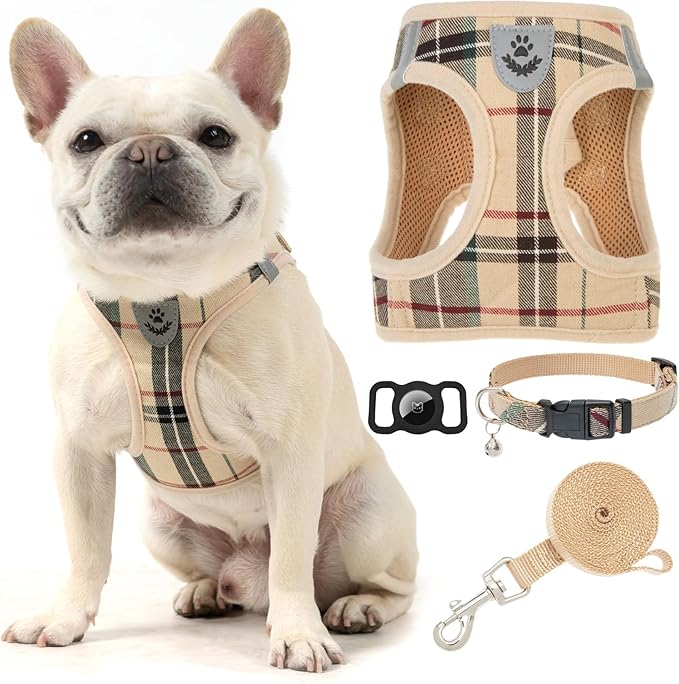 EXPAWLORER Plaid Small Dog Harness and Leash Set with AirTag Holder - Soft Padded Step in Dog Vest Harness Medium Sized Dog, No Pull Reflective Puppy Harness, Collar and Leash for Walking, Khaki M