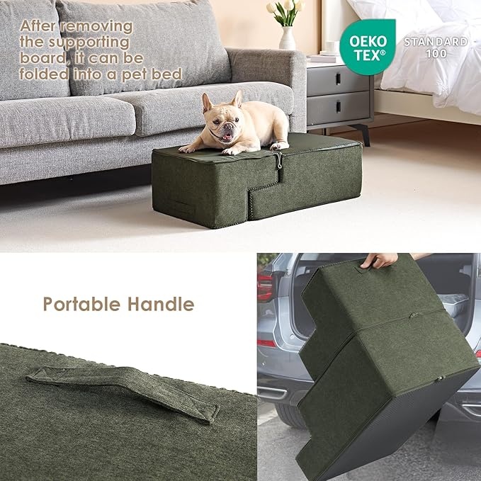 EHEYCIGA Dog Stairs for Bed 18" H, 4-Step Dog Steps for High Bed, Pet Steps for Small Dogs and Cats, Non-Slip Balanced Pet Ramp Indoor, Military Green