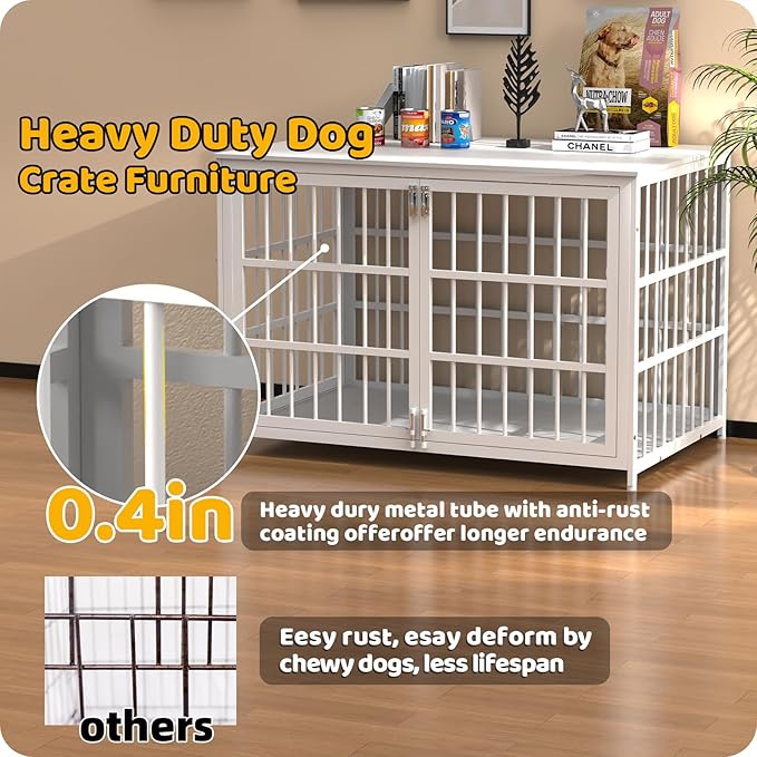 Heave Duty Dog Crate Furniture, Various Sizes & Colors Optional, Indestructible Cage for High Anxiety Dogs with Wooden Table for Indoor Decorative, Escape-Proof Locks & Double Door for Large XXL Dogs