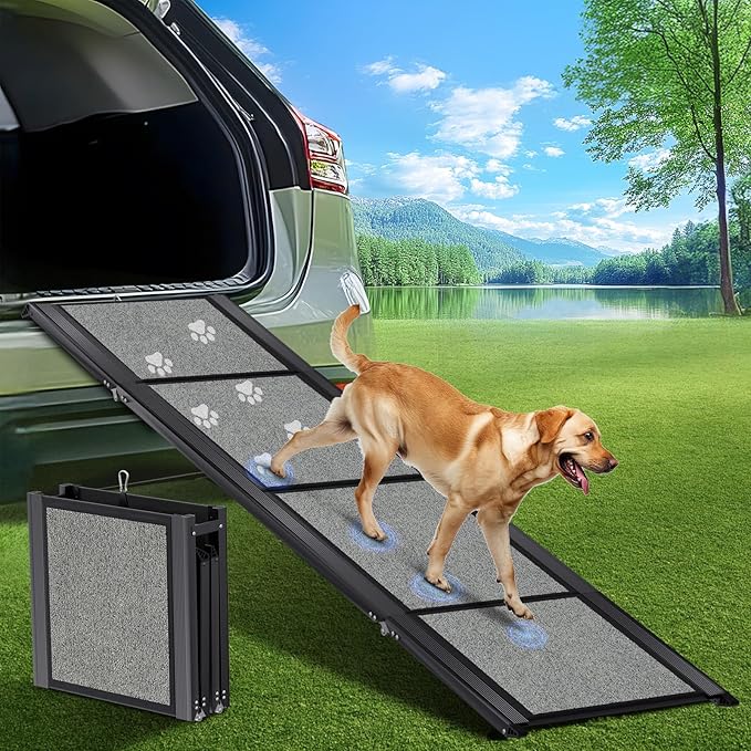 Dog Ramp for Car 𝟕𝟏”𝐱𝟐𝟎” Large Folding Pet Stair Ramps for Truck, SUV, with Non-Slip Surface, Up to 250LBS, Outdoor Dog Car Ramp for Medium & Large Dogs, Portable Pet Steps