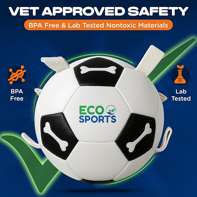 Eco Sports Small Dog Soccer Ball with Straps – Size 2, Interactive Durable Dog Soccer Ball with Cotton Grab Tabs for Fetch Training and Outdoor Play, for Small Size Pets and Puppies