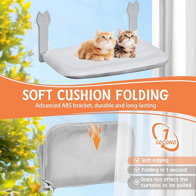 2 Pack Cat Window Perch,Cat Window Hammock Cordless Foldable Window Bed with 4 Large Strong Suction Cup,Reversible Cushion Cover,Metal Frame Easy to Adjust Window Seat Holds up to 40lbs(Dark Gray，M)
