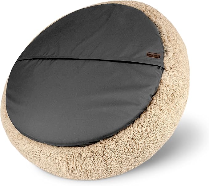 The Dog’s Bed Sound Sleep Donut Dog Bed, XXL Dog Beige Fur Calming Nest Bed Removable Cover, Veterinary Approved