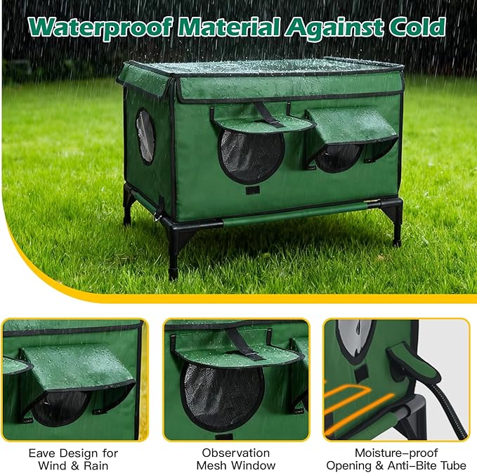 Heated Cat House for Outside Winter, Insulated & Weatherproof, Elevated Heated Cat Shelter with Heating Pad, Escape Door & 4 Windows, Warm House for Outdoor Stray Feral Barn Cats (Green, 26"x16"x20")
