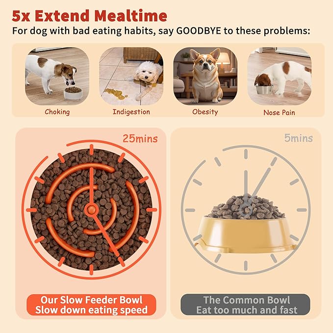 Elevated Slow Feeder Dog Bowl - Ceramic Maze Food Dish with Bamboo Stand - Raised Feeding Bowl for Fast Eaters - Ideal for Small and Medium Dogs - Orange - 6.7 inch